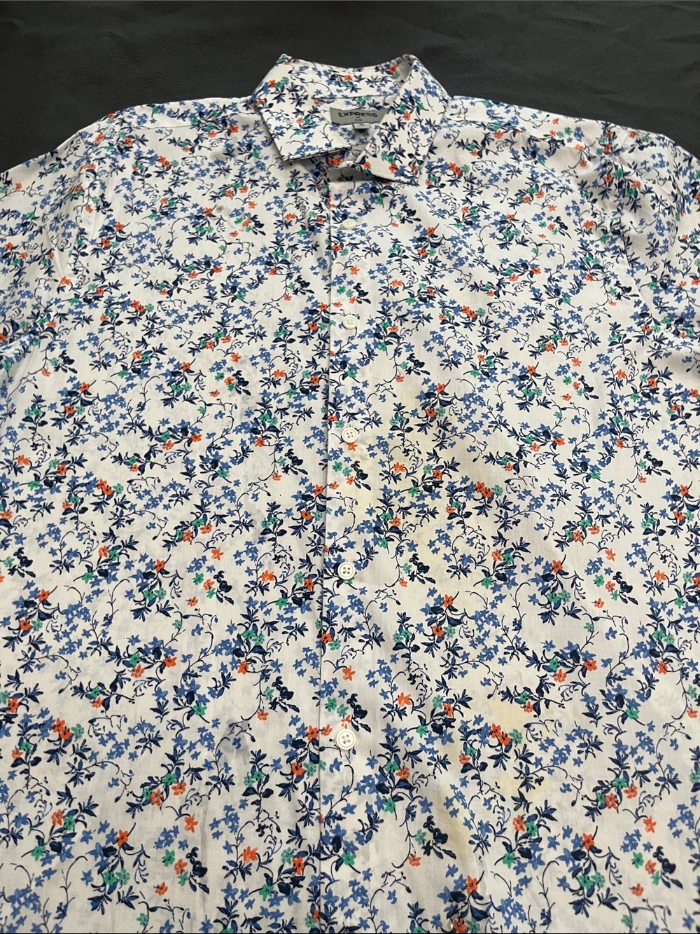 Express Men’s White Button-Down Shirt with Blue & Orange Floral Print